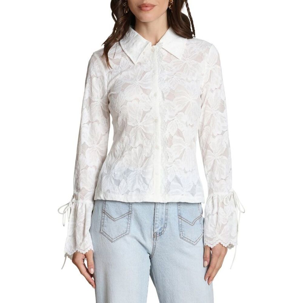 Avec Les Filles Womens Embroidered Lace Shirt, White